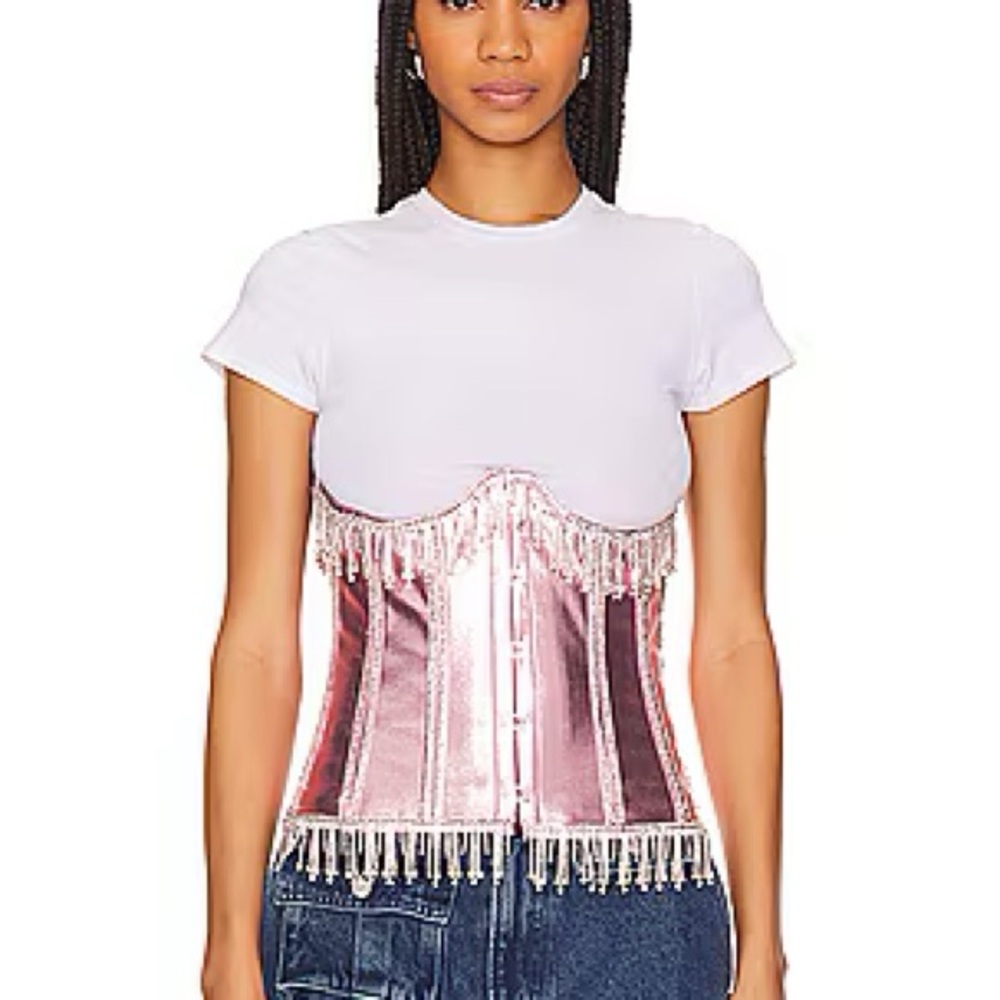 REVOLVE Pink Metallic Corset Top with Fringe